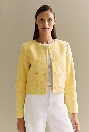 Pastel Yellow Cotton Tweed Cropped Jacket WOMEN Outerwear Trenery