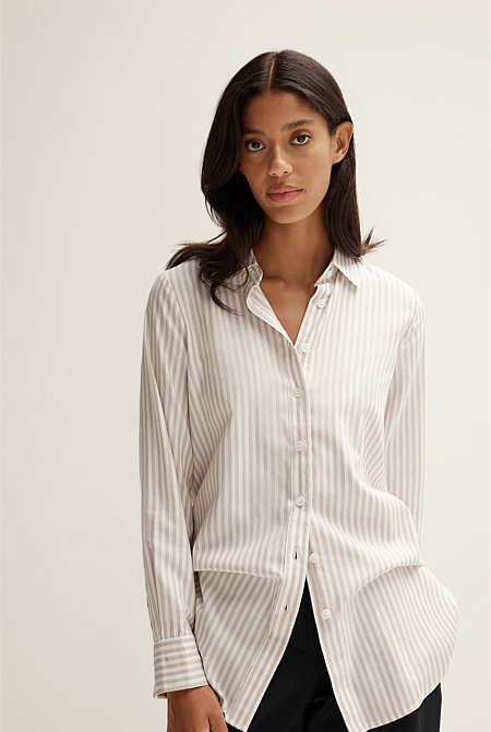 Camel Cotton Modal Stripe Longline Shirt WOMEN Shirts Trenery