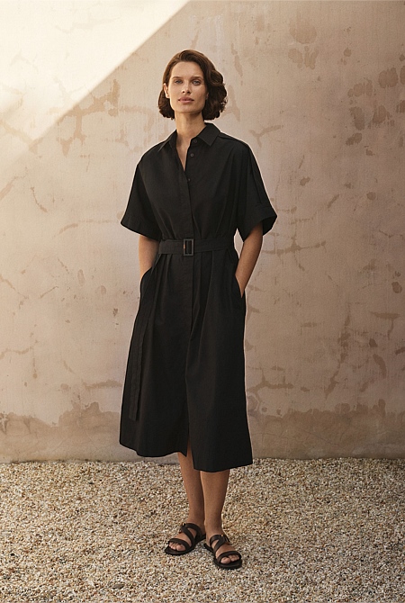 Black Cotton Poplin Yoke Detail Shirt Dress WOMEN Dresses Trenery