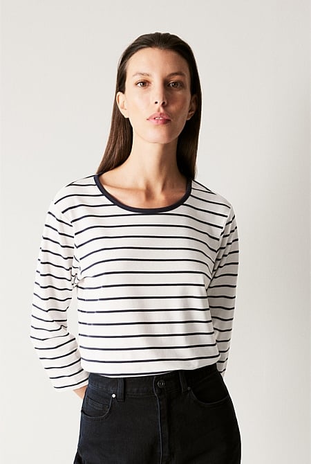 Organically Grown Cotton Jersey Stripe 3/4 Sleeve T-Shirt