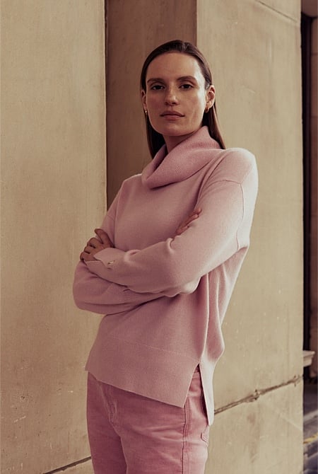 Wool Blend Button Detail Relaxed Rollneck