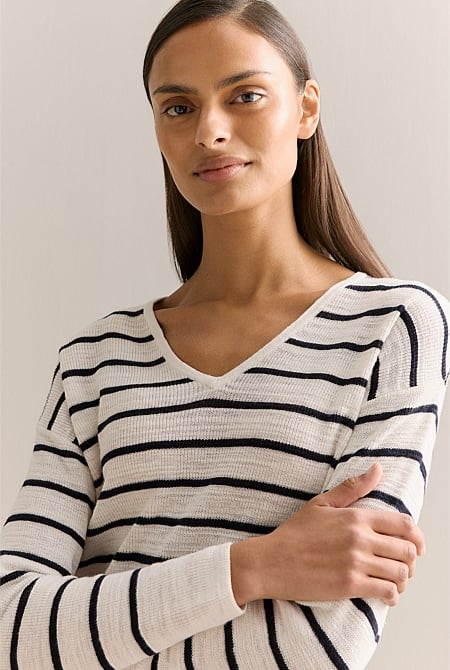 Cotton Linen Striped V Neck Knit