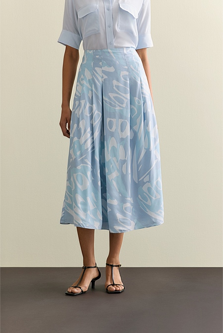 Draped Twill Butterfly Print Pleat Detail Skirt