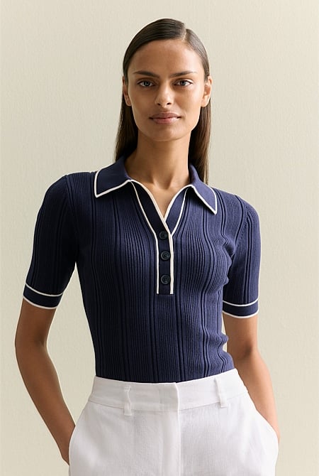 Ribbed polo shirt womens on sale