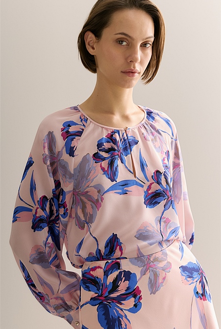 Silk Floral Collarless Raglan Blouse