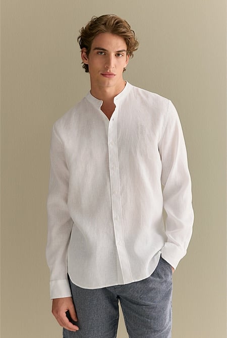 Regular Fit Linen Mandarin Collar Shirt