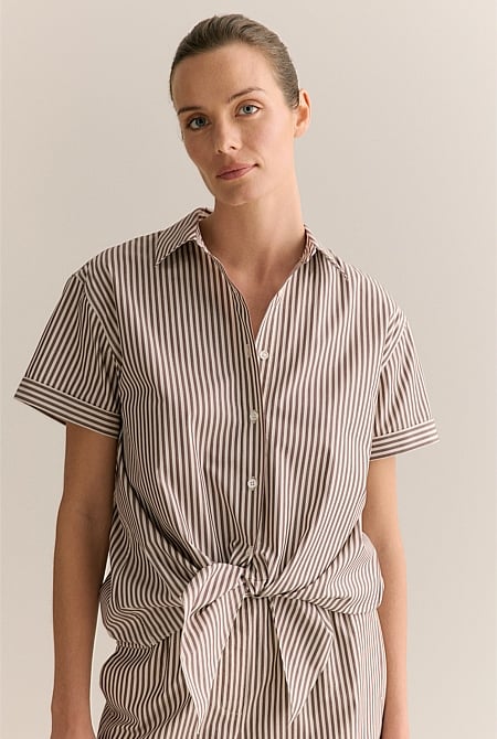 Cotton Poplin Stripe Tie Front Shirt