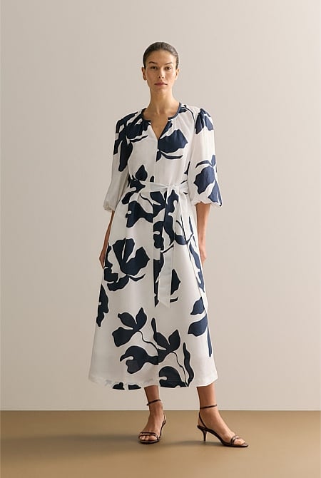 Palm Blouson Sleeve Tie Waist Dress