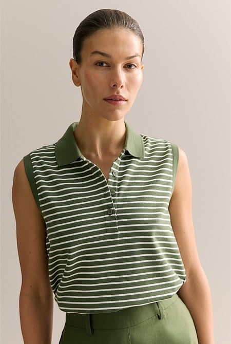 Australian Cotton Stripe Sleeveless Polo Top