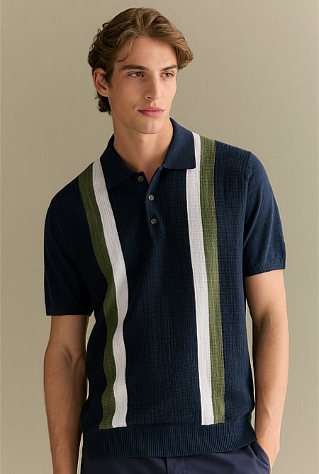 Cotton Linen Textured Stripe Polo