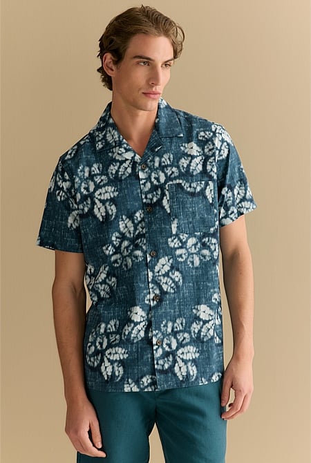 Cotton Blend Washed Floral Short Sleeve Shirt