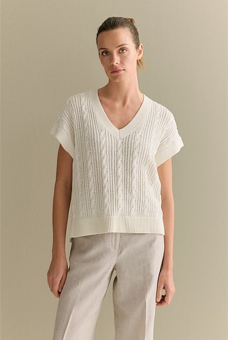 Mercerised Cable Knit Relaxed V Neck Top