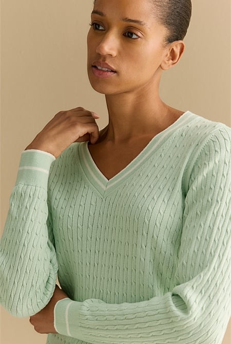 Cotton Cashmere Cable Tipped V Neck Knit