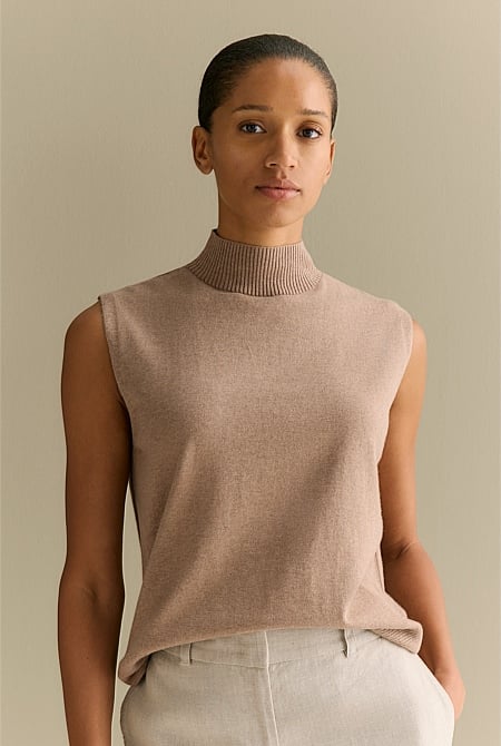 Cotton Cashmere Mock Neck Sleeveless Knit