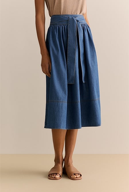 Cotton Denim Tie Waist Full Skirt