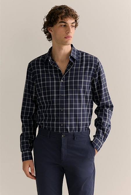 Regular Fit Lyocell Cotton Windowpane Check Shirt