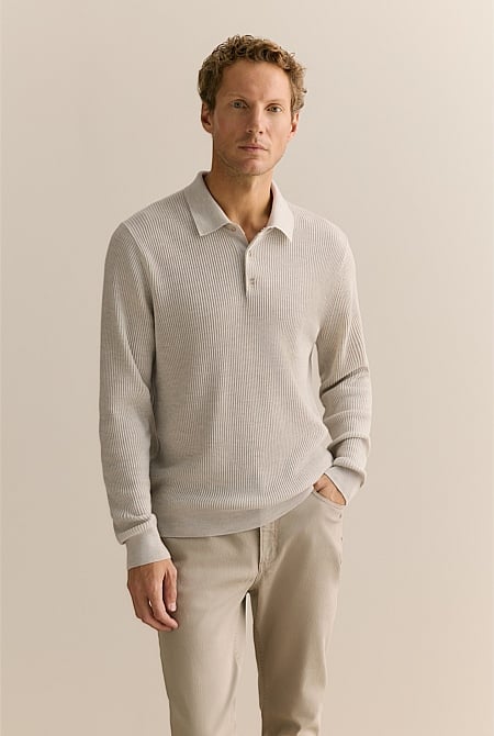 Merino Textured Long Sleeve Knit Polo