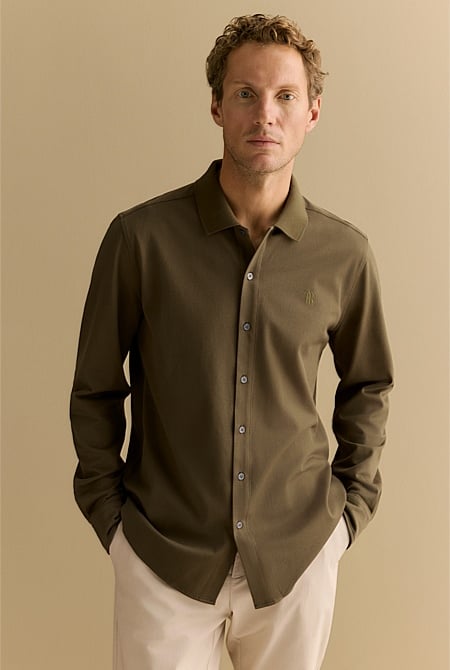 Tailored Fit Cotton Pique Monogram Shirt