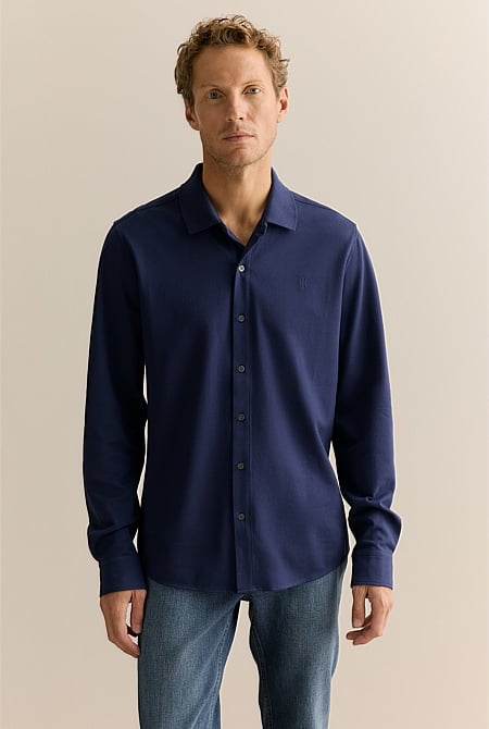 Tailored Fit Cotton Pique Monogram Shirt