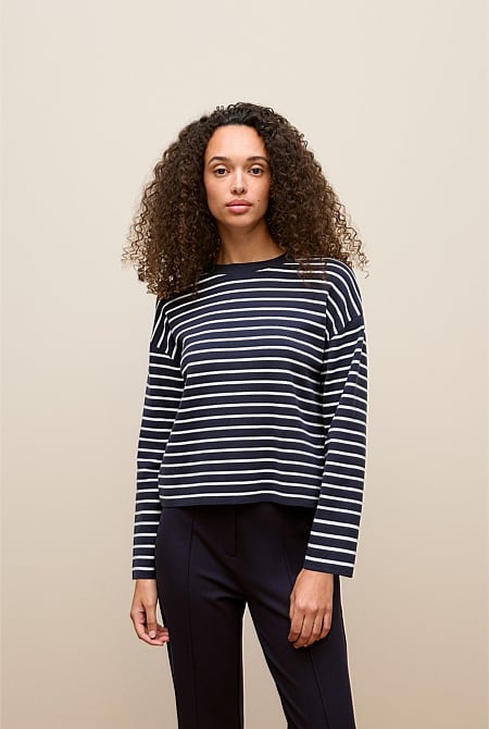 Cotton Crepe Stripe Knit Crew