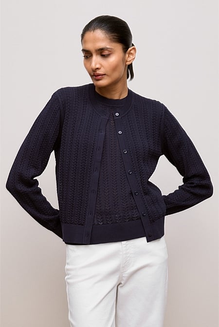 Mercerised Cotton Pointelle Knit Cardigan