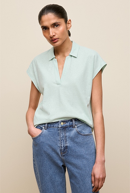 Linen Cotton Relaxed Cap Sleeve Polo