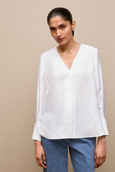 Silk Twill Collarless V Neck Blouse