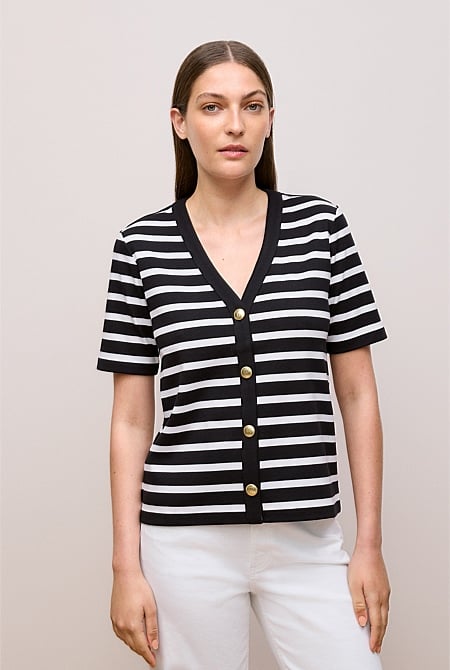 Stripe Rib Button Through Top