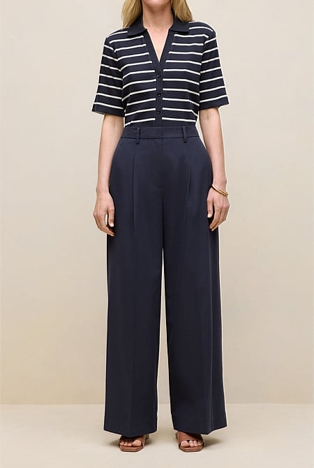 Cotton Blend Tailored Wide Leg Pant