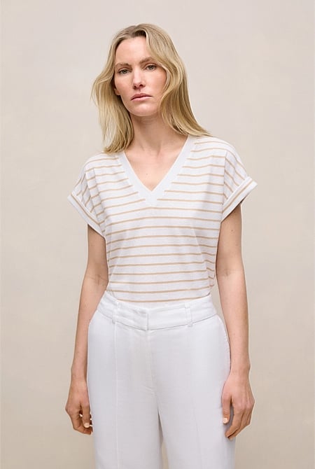 Linen Cotton Stripe V Neck T-shirt