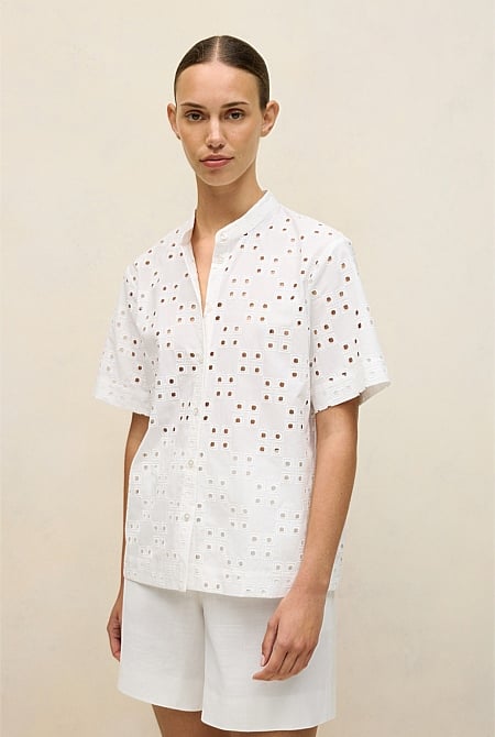 Cotton Geo Cutwork Short Sleeve Shirt