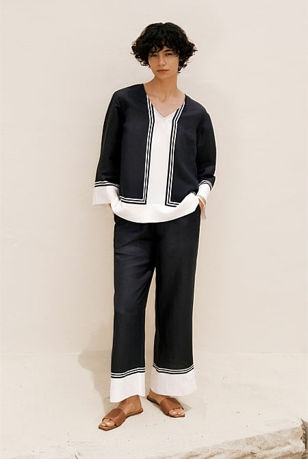 Linen Blend Border Print Pant