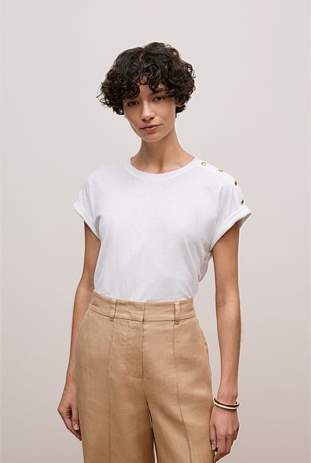 Linen Cotton Button Detail T-shirt