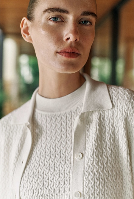 Cotton Cashmere Cable Mock Neck Knit