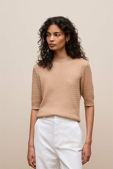Cotton Cashmere Cable Mock Neck Knit