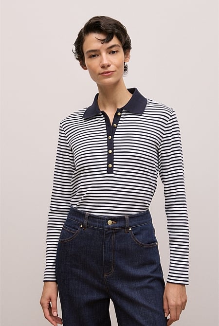 Cotton Stripe Button Detail Polo