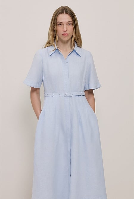 Linen Belted Short Sleeve Shirt Dress