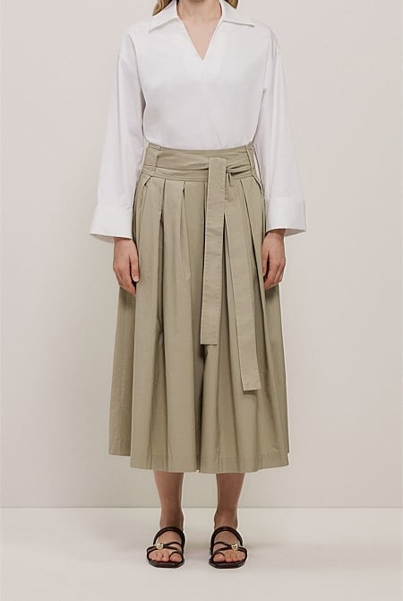 Poplin Pleated Midi Skirt