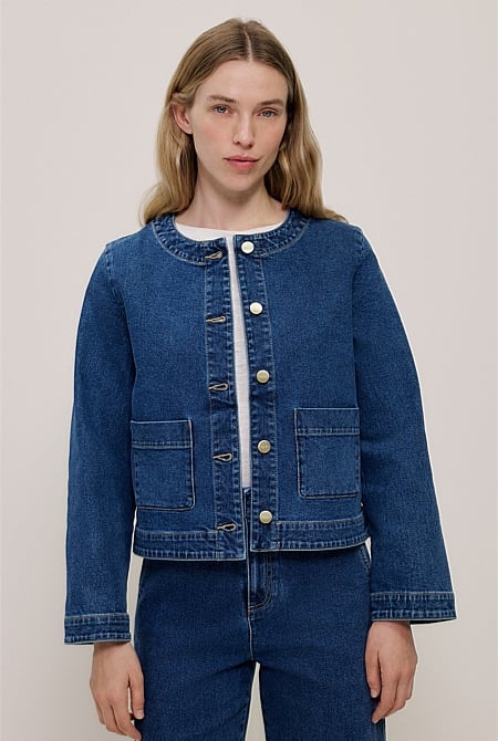 Collarless Cropped Denim Jacket