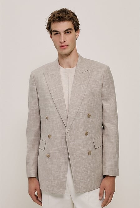 Textured Wool Blend Double Breasted Blazer