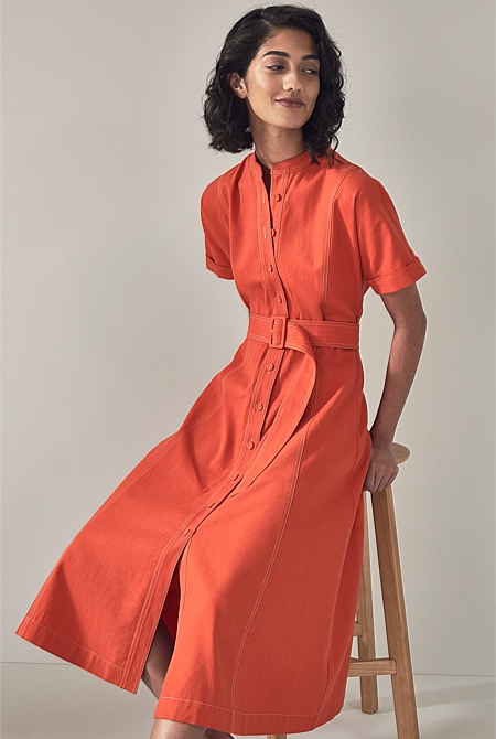 Orange Stitch Detail Short Sleeve Shirt Dress - WOMEN Dresses ...
