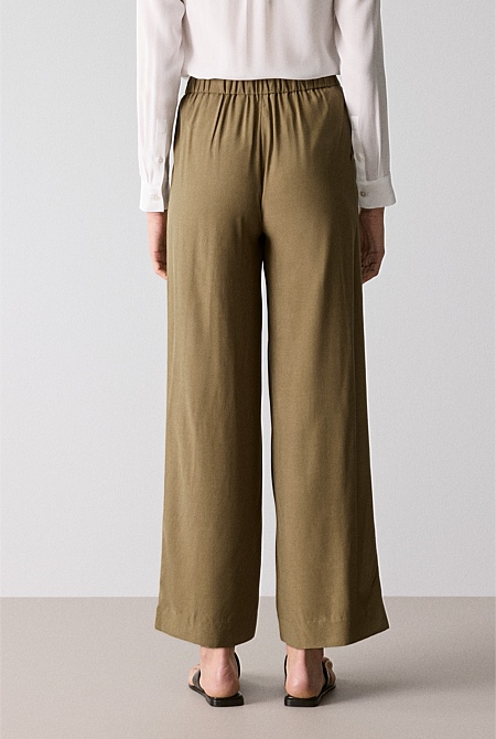 Olive Cupro Blend Wide Leg Pull On Pant - WOMEN Pants | Trenery