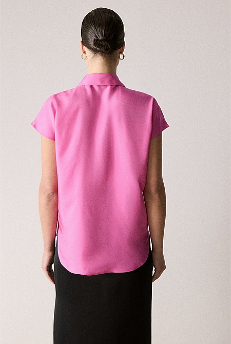 Brilliant Pink Silk Twill Cap Sleeve Shirt WOMEN Shirts Trenery