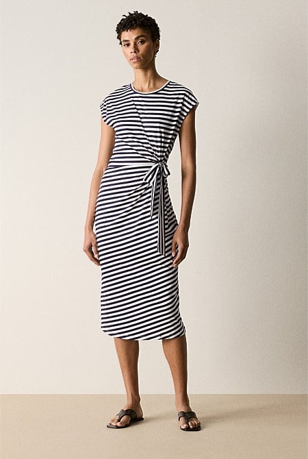 Night Sky Cotton Stripe Wrap Dress WOMEN Dresses Trenery