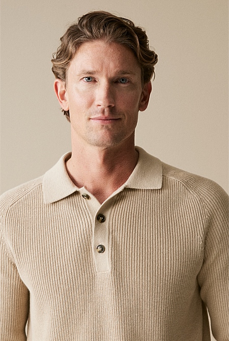 Cotton Rib Knit Long Sleeve Polo