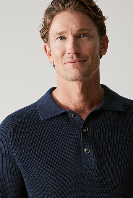 Cotton Rib Knit Long Sleeve Polo