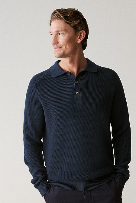 Cotton Rib Knit Long Sleeve Polo