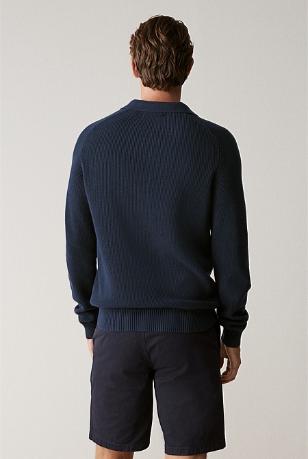 Cotton Rib Knit Long Sleeve Polo