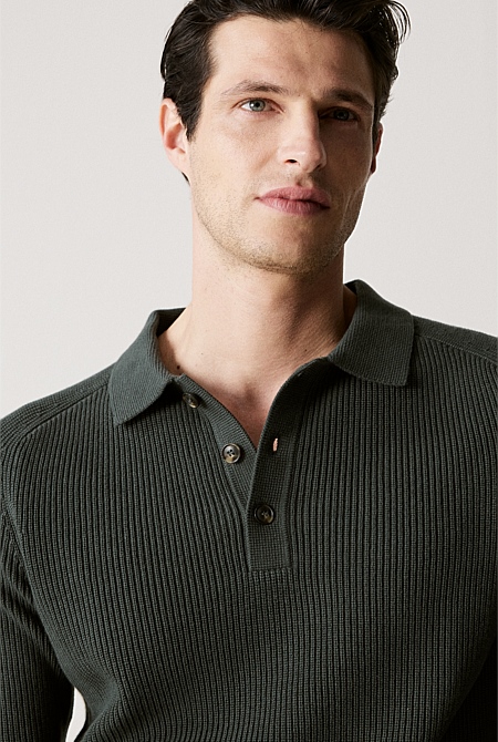 Cotton Rib Knit Long Sleeve Polo Cotton Rib Knit Long Sleeve Polo