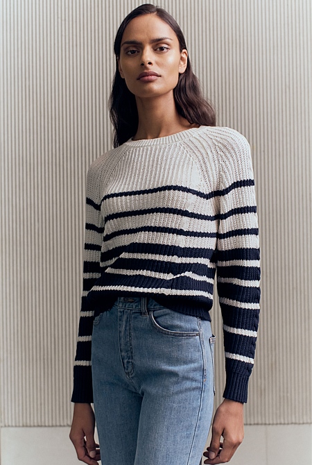 Mercerised Cotton Striped Cable Knit Mercerised Cotton Striped Cable Knit